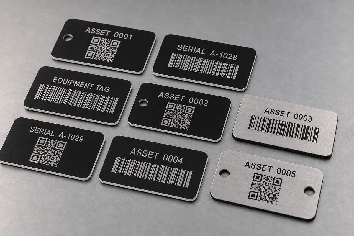 Real engraved serial number QR code and barcode asset tags produced by LYSHIRE